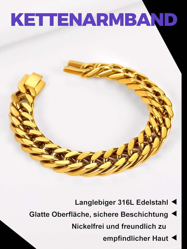 Thumbnail 6 de Richsteel Herren-Armband aus Edelstahl „Cuban Gliederarmband“ in Silber, Gold oder Schwarz (8/12/17 mm, 19/21/23 cm) mit Geschenkbox