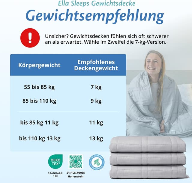 Detalle de Ella Gewichtsdecke 135x200 cm, 7 kg – Anti Stress Therapiedecke aus 100% Baumwolle (grau)