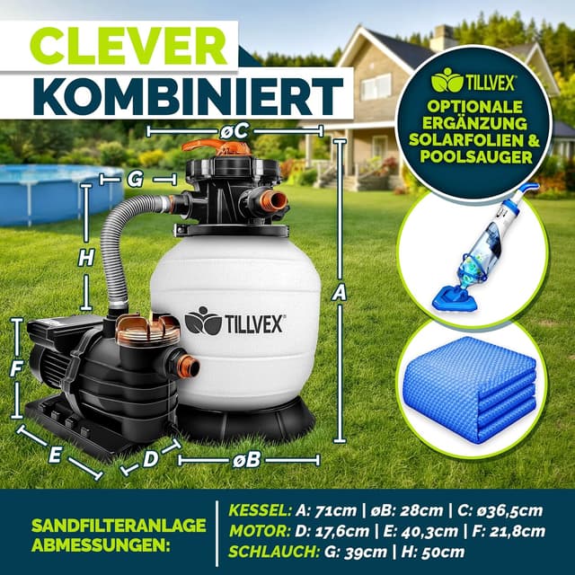 Detalle de tillvex® Sandfilteranlage für Pool bis 40.000 L – 13.200 L/h mit 7-Wege-Ventil, Ø32/38 mm & Filterbällen