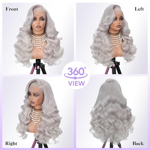 Detalle de KingSup Grey Human Hair 13x6 HD Lace Body Wave Wig (250 Density) — 30 Inch