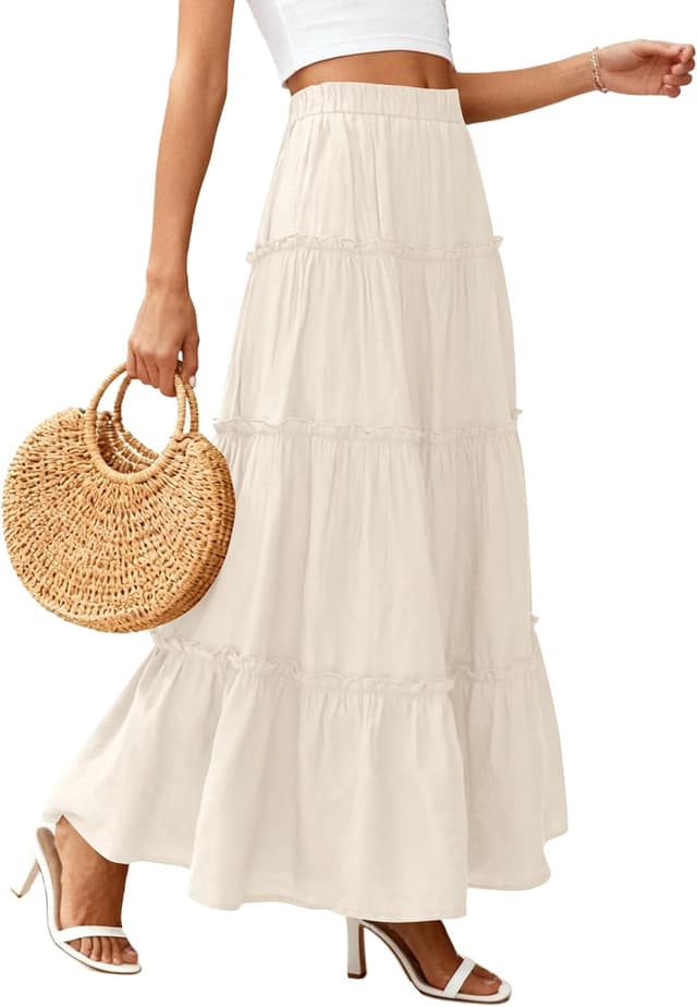 Detalle de PRETTYGARDEN Boho Tiered Maxi Skirt for Women with Elastic Waistband & Side Pockets