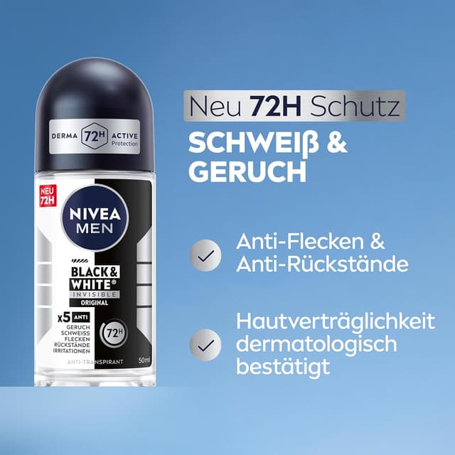 Detalle de NIVEA MEN Black & White Invisible Original Deo Roll-On – Antitranspirant mit 72h Schutz, Anti-Flecken-Formel (50 ml)