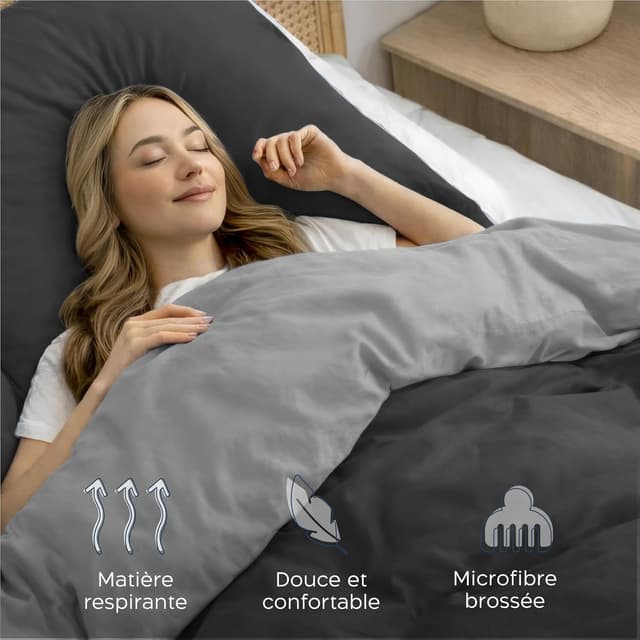 Detalle de Twinzen Housse de couette réversible 135x200 cm en microfibre grise (avec taie 50x70) – Parure Oeko-Tex