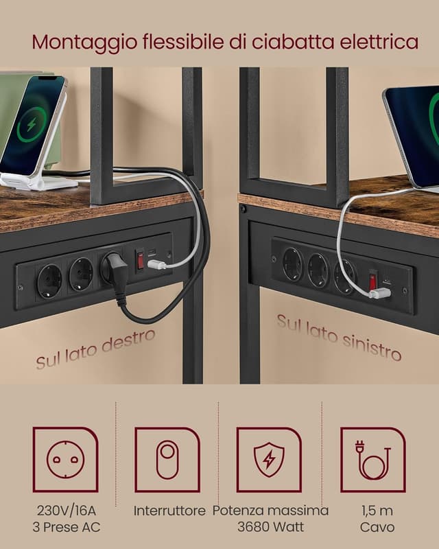 Detalle de VASAGLE Scaffale da cucina con LED KKS050KD01: microonde, multipresa e ripiani regolabili 40 x 80 x 168,4 cm