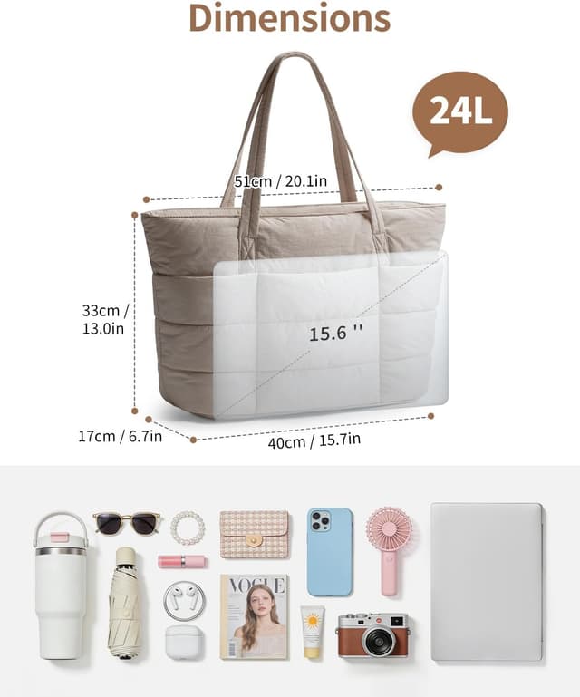 Detalle de Narwey Quilted Puffer Tote Bag for Women with Cup Holder and Padded 15.6" Laptop Compartment