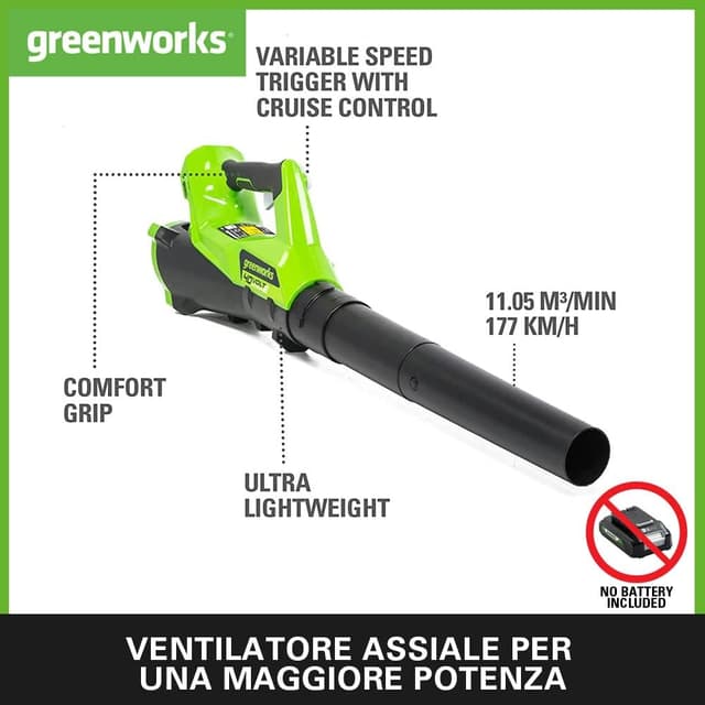 Detalle de Greenworks 40V Soffiatore foglie assiale con Modalità Cruise 177 km/h (solo utensile) G40AB