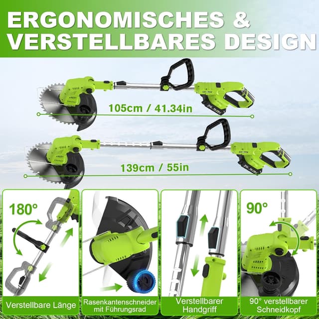 Detalle de VOERJIA Rasentrimmer Akku 21V mit 2 Akkus, Ladegerät und 4-in-1 Mähsystem (LCD)