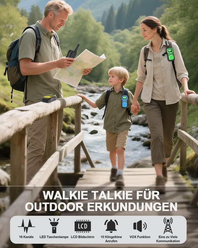 Detalle de Kinder-Walkie-Talkies mit Akku, 16 Kanälen, VOX & Tastatursperre – Walkie Talkie Geschenk für 3–12 Jahre
