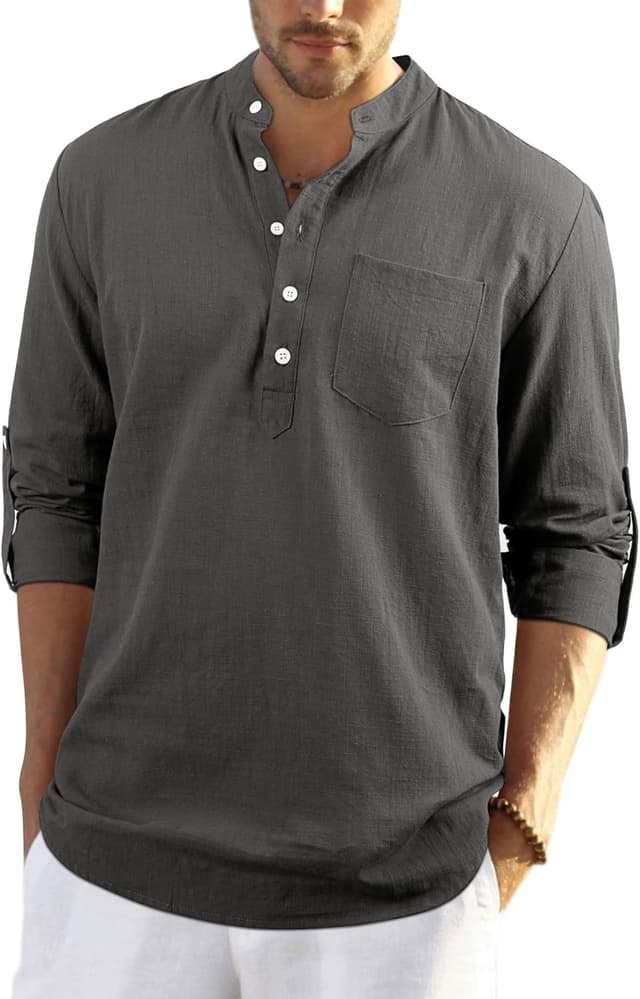 Detalle de Enlision Herren Baumwolle-Leinenhemd als Henley Sommerhemd mit Langarm (Regular Fit)