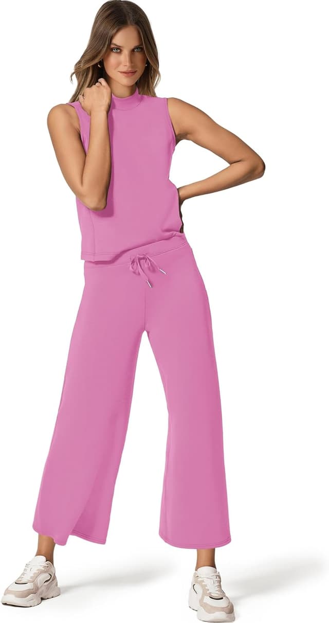 Detalle de SAMPEEL Two-Piece Women’s Summer Lounge Set with Mock Neck Top & Wide-Leg Crop Pants
