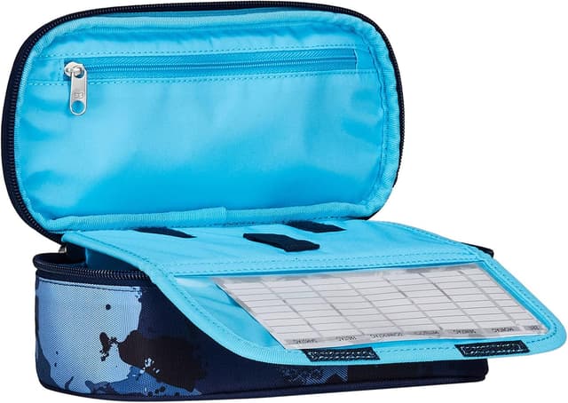 Detalle de Seven Inky Shadow Stifteköcher für die Schule – rund, blau, mit Innentasche und elastischen Stifthaltern