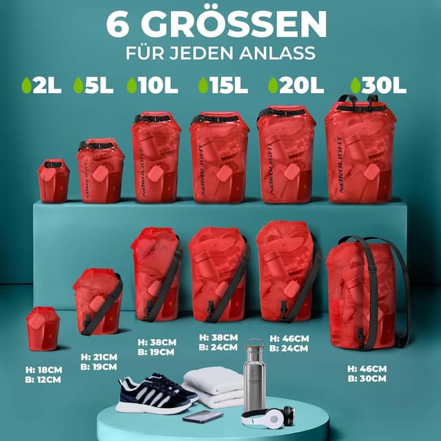 Detalle de Nordlight Dry Bag wasserdichte Tasche mit Roll-Top und Schultergurt – für Strand, SUP, Kanu & mehr (2–30 l)