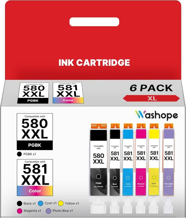 Detalle de Pack de 6 cartouches Washope PGI-580 / CLI-581 XXL compatibles Canon pour Pixma (TS8250, TS8350, TS8151…)