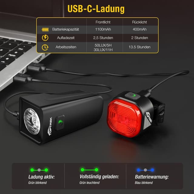 Detalle de Toptrek Fahrradlicht-Set USB aufladbar mit StVZO-Zulassung (LED, IPX5, mit wechselbarem Akku)