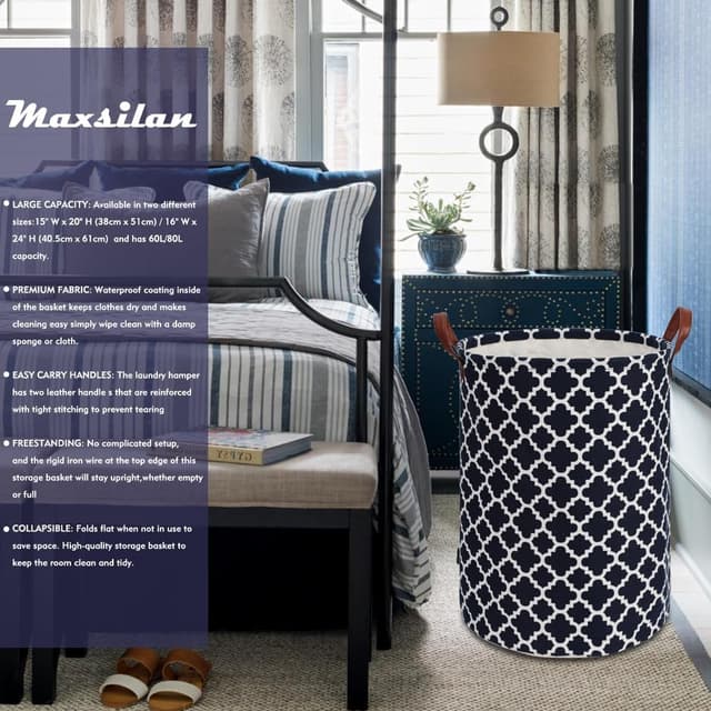 Detalle 2 de Maxsilan 80L X-Large Laundry Basket with Drawstring (Collapsible, Handle) – Blue