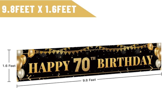 Detalle de Large Happy 70th Birthday Decoration Banner in Black & Gold (9.8 x 1.6 ft) — Polyester Reusable Party Backdrop Sign