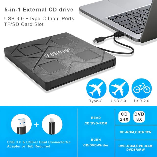 Detalle 2 de 5-in-1 External CD/DVD Drive for Laptop (USB 3.0 & Type-C) with SD/TF Reader