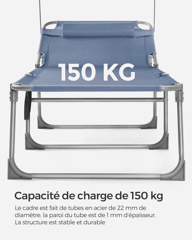 Thumbnail 6 de SONGMICS Bain de Soleil Grand pliable bleu GCB022Q01 — transat inclinable avec pare-soleil