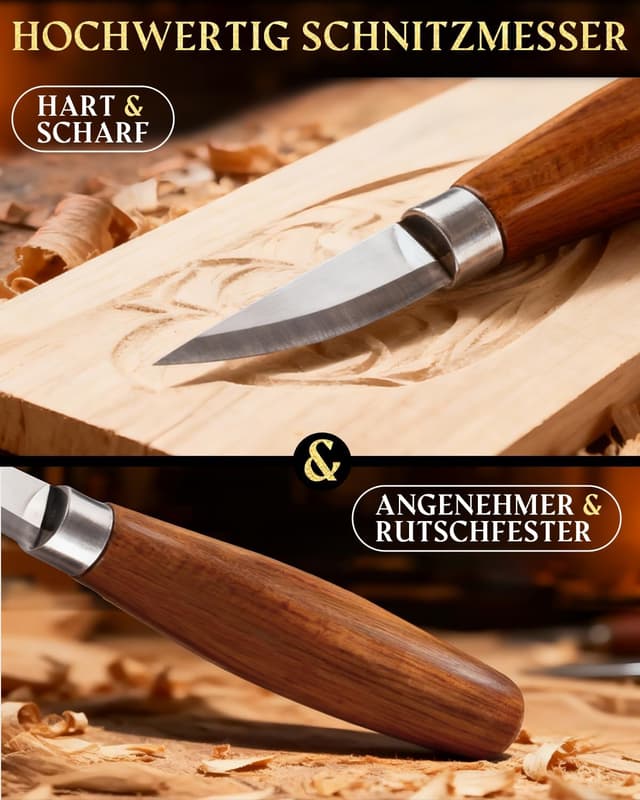 Detalle de Bluvizo Schnitzwerkzeug Holz Schnitzset für Anfänger (25-teilig) inkl. Anleitung, Handschuhe und Lindenholz