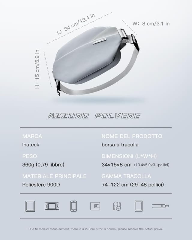 Detalle 2 de Inateck Sling Bag X – borsa a tracolla resistente agli spruzzi, multiuso con tasche organizzate