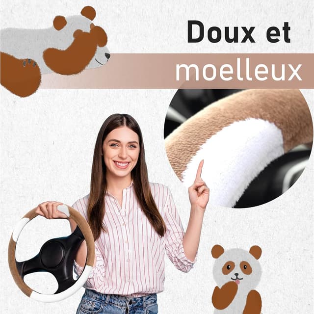 Detalle 2 de Upgrade4cars couvre-volant en peluche marron et blanc (taille universelle 37-39 cm)