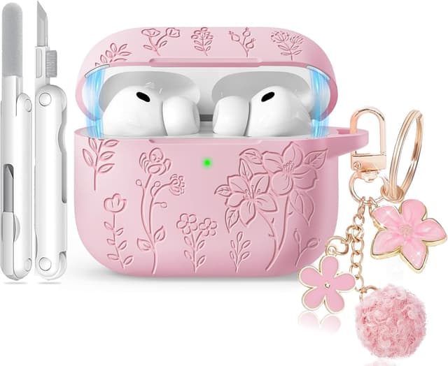 Detalle de Flower Engraved Magnetic-Lid Silicone Case for AirPods Pro 3 (2025) with Keychain & Cleaning Kit