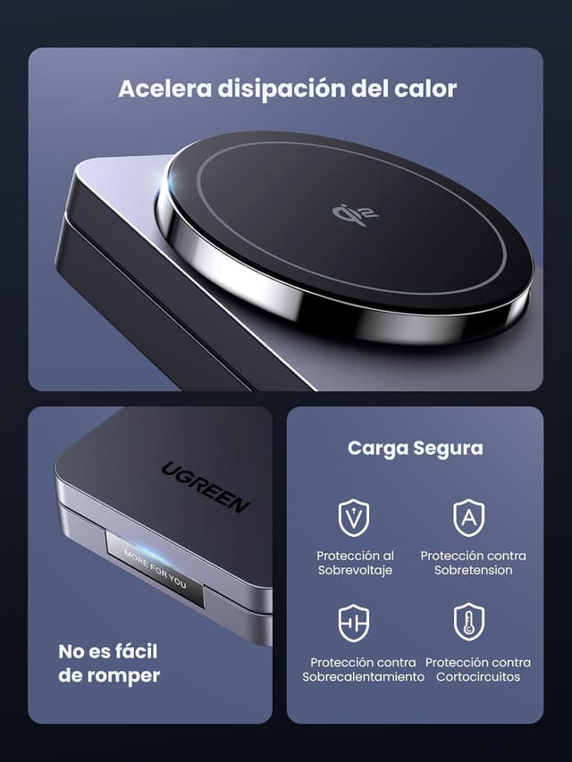 Detalle 2 de UGREEN MagFlow Qi2 Cargador Inalámbrico 15W para iPhone y AirPods ⚡