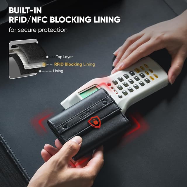 Detalle de VULKIT Portefeuille compact en cuir homme noir à 3 volets avec blocage RFID et poche zippée
