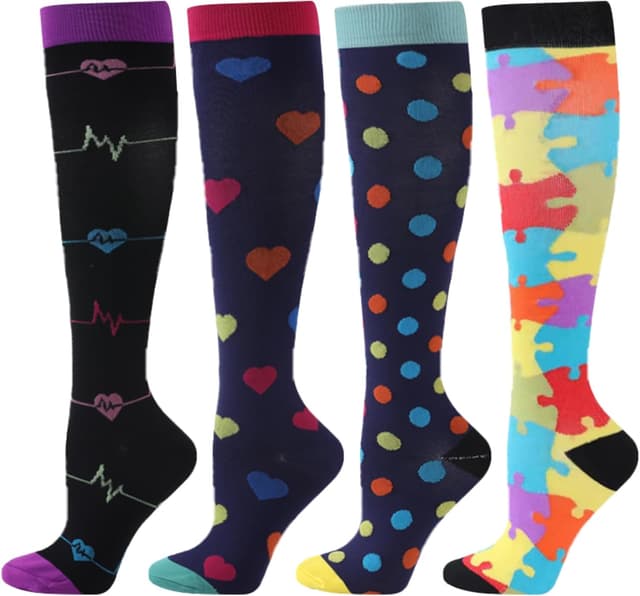 Detalle de 4 Paar Kompressionsstrümpfe für Damen & Herren (15–20 mmHg) – bunte Stützsocken für Sport, Flug, Reisen & Alltag