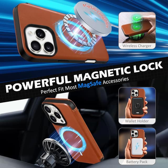 Detalle 2 de SHIELDON Hülle für iPhone 16 Pro Max (6,9") mit Echtleder, Kartenfach & kabellosem Laden – Retro Braun