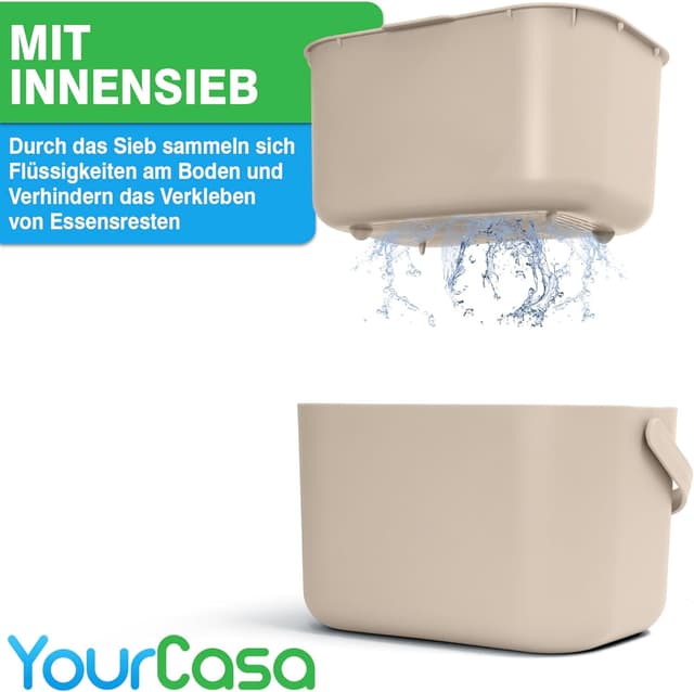 Detalle de YourCasa Biomülleimer Küche 5 l – spülmaschinenfester Komposteimer mit Sieb und geruchsdichtem Deckel