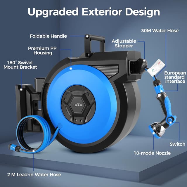 Thumbnail 6 de Himimi Avvolgitubo da giardino da parete 30 m + 2 m, riavvolgimento automatico e pistola 10-in-1