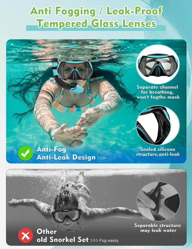 Detalle de Hydomi Adult Snorkel Set – Leak-proof mask with anti-fog tempered glass and dry-top snorkel
