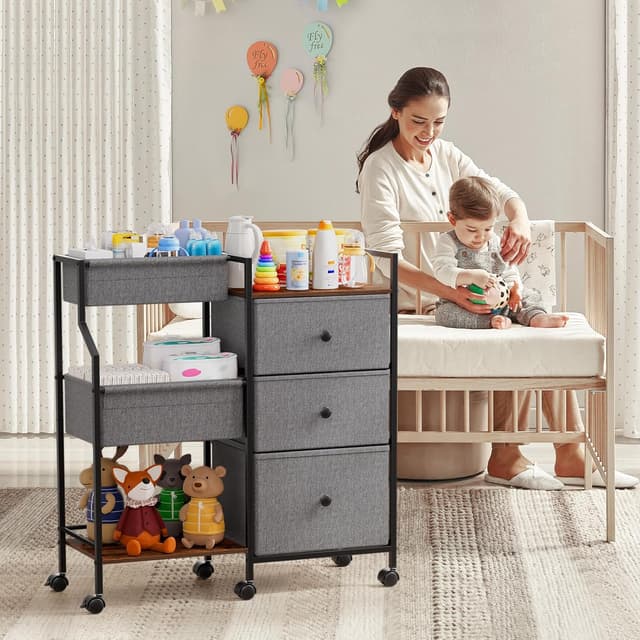 Detalle de Modanais Baby Diaper Caddy Organizer Cart (3-Tier Rolling Utility Cart with Dividers & Drawers)