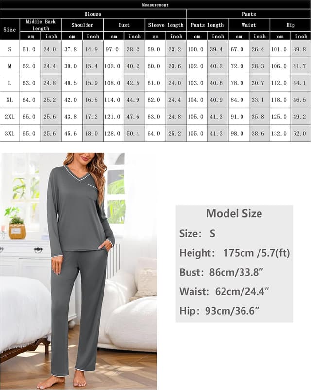 Detalle 2 de Demegimi Damen-Langschlafanzug aus Baumwolle mit V-Ausschnitt oder Rundhalsausschnitt