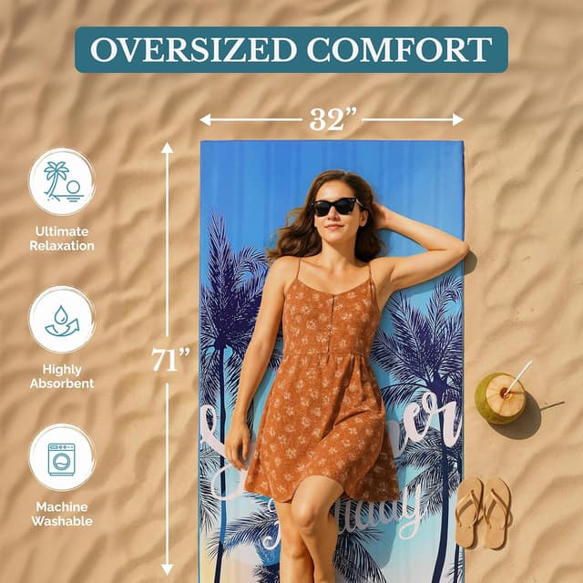 Detalle de Casa Platino 6-Pack Oversized Microfibre Beach Towels (Sand-Free) – 71"x32" – Double-Sided Printed – Maslin