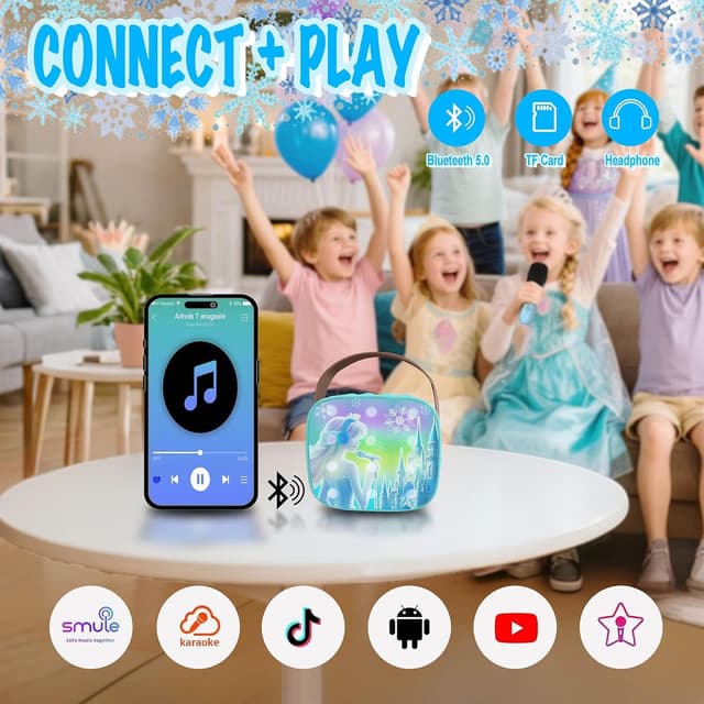 Detalle de CINKOLA Kids Frozen karaoke machine with 2 wireless microphones (Bluetooth, LED lights, voice effects)