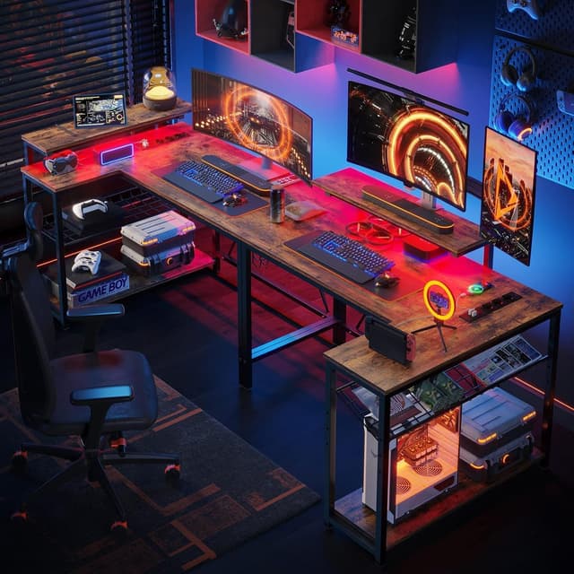 Thumbnail 4 de Bestier Scrivania a Forma di L con prese e luci LED