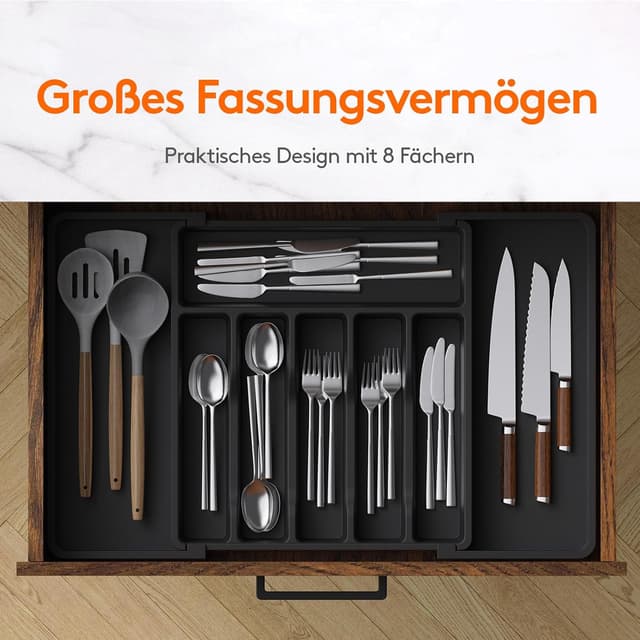 Detalle 2 de Lifewit Besteckkasten für Schubladen (40–50) – verstellbarer Küchen-Organizer, erweiterbar bis 57 cm, 6–8 Fächer, Schwarz