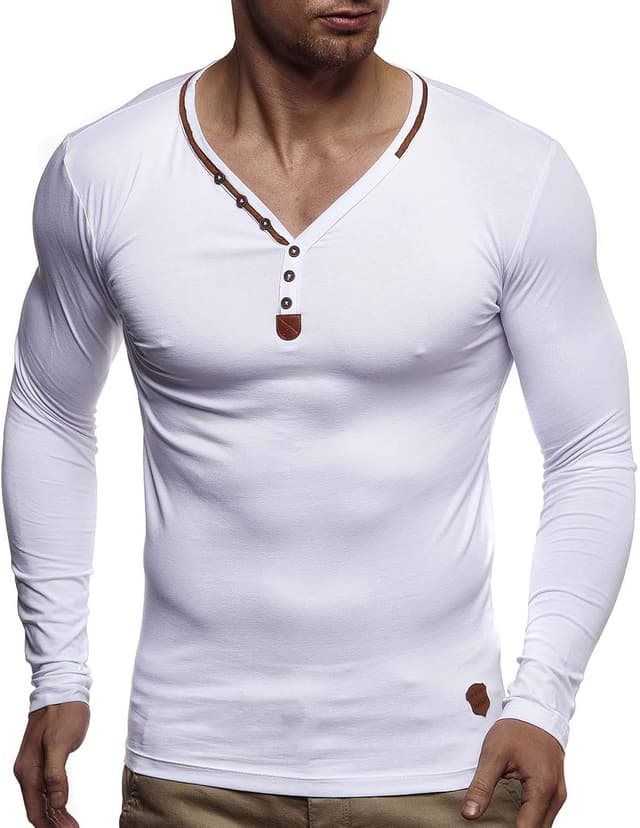 Detalle 2 de Leif Nelson LN1470 : t-shirt manches longues à col en V ajusté en coton pour homme (blanc) – X-Large