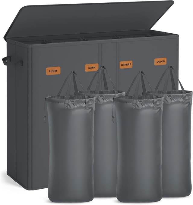 Thumbnail 6 de SONGMICS Wäschekorb mit 4 Fächern (210 L) und Deckel – dunkelgrau, herausnehmbarer Innensack RLH014G01