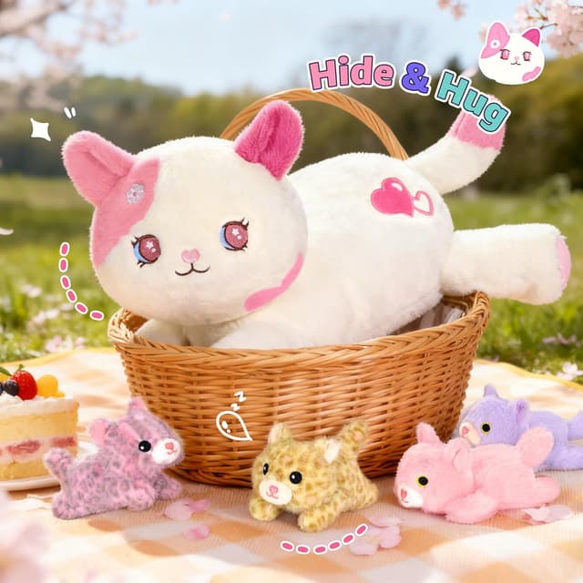 Thumbnail 6 de shownicer Plüschtier Katzen-Familie: 5-teiliger Plüsch (Katze Mama + Vier Kätzchen) in Rosa