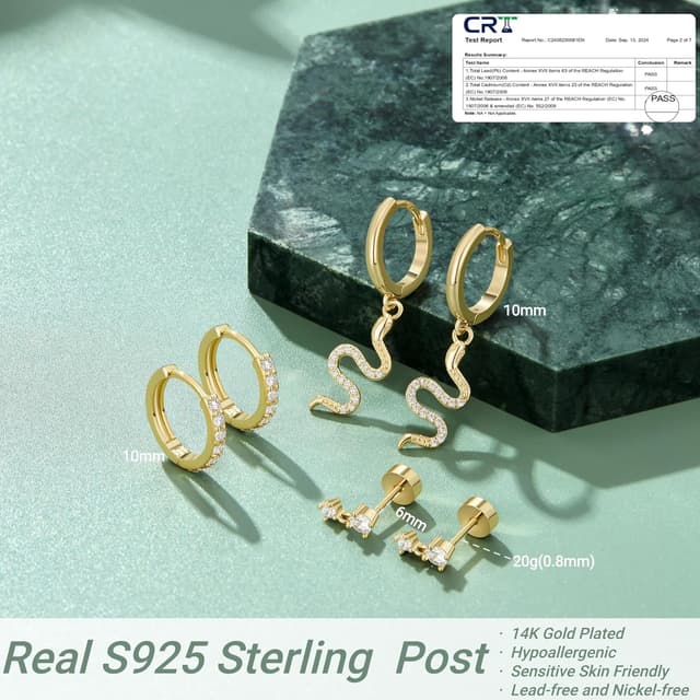 Detalle 2 de Ensemble de 3 paires de boucles d’oreilles MACACHII en argent 925 plaqué or 14K et zircon (huggies, serpent CZ, clous) hypoallergéniques