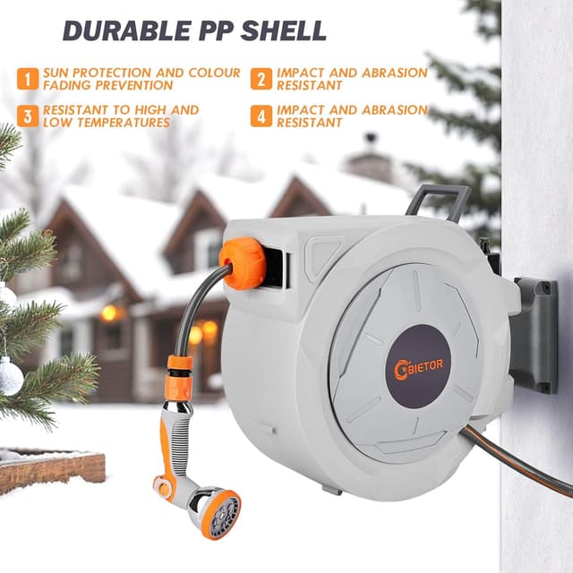 Detalle 2 de Bietor Retractable Garden Hose Reel 30m + 2m (Wall Mounted) with 10-Pattern Nozzle, Auto Lock & Auto Rewind