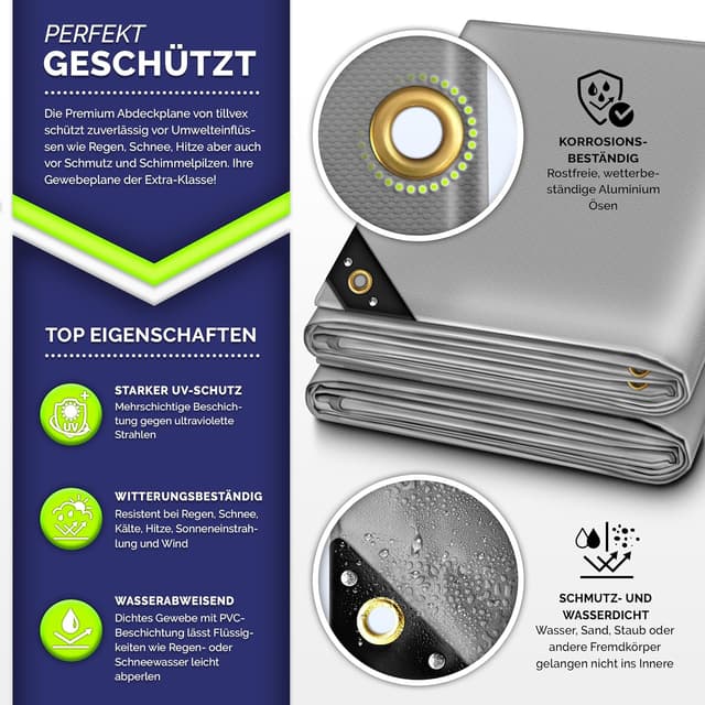 Detalle 2 de tillvex® Abdeckplane mit Ösen + 10x Spanngummi & 15 m Abspannseil, Grau (4x8 m) – wasserdicht & reißfest
