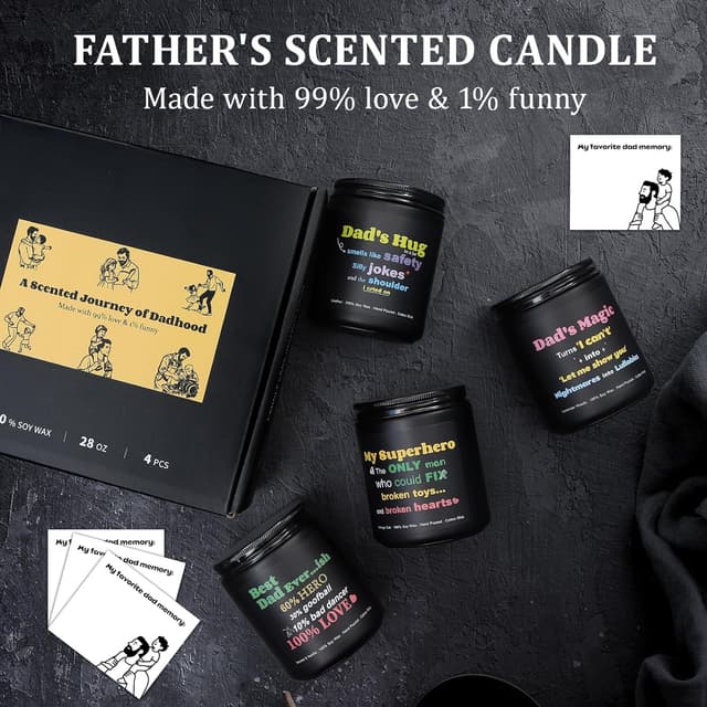 Detalle 2 de Men’s Scented Candles Set for Dad (4 Packs) – Soy Candles in Lavender Woods/Smoke & Vanilla/Vintage Oak/Leather