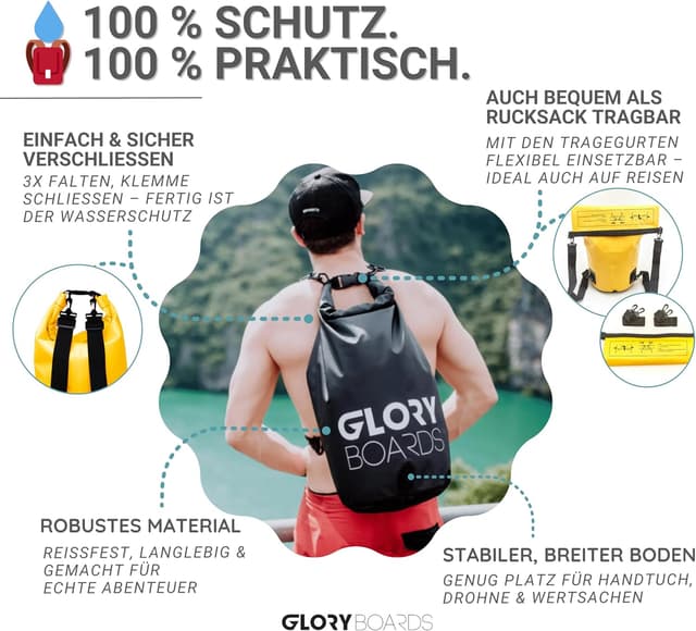 Detalle de Glory Boards Dry Bag 25L – wasserdichter Rucksack & Schwimmtasche für SUP, Kajak & Outdoor – gelb