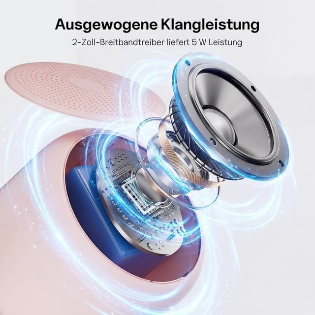 Detalle de Bobtot Tragbarer Bluetooth-Lautsprecher mit wasserdichtem Design, Stereo-Sound und 15 Stunden Laufzeit (Rosa)