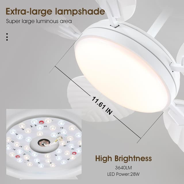 Detalle 2 de PHORUS 52" Palm Leaf Ceiling Fan with Lights (White Tropical Outdoor Fan w/ Remote & APP) — 6 Speeds, Dimmable LED