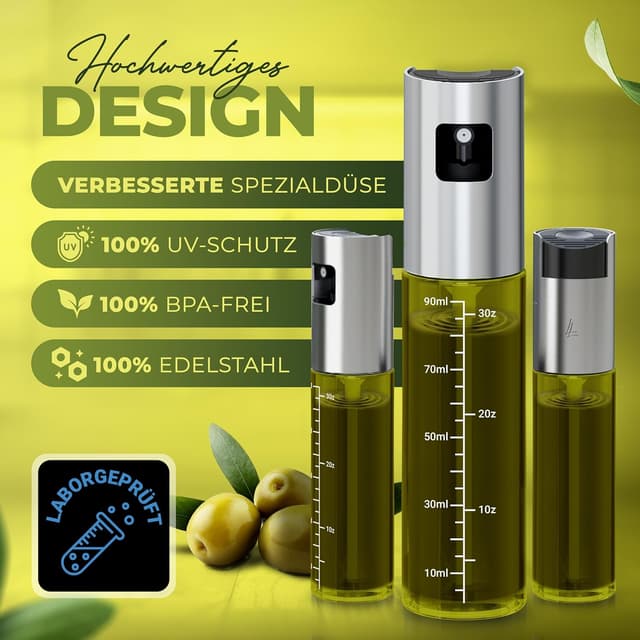 Detalle de Leisure Life Ölzerstäuber im 2er Set (UV-Schutzglas, BPA-frei, Edelstahlmantel) für bis zu 100 ml Öl – Jade Green & Obsidian Black